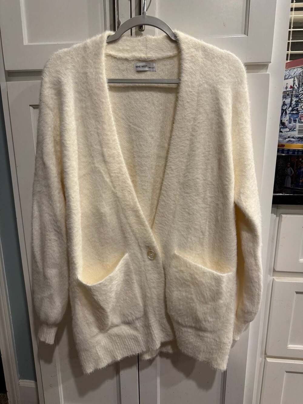 Women's Nine West Cream Fuzzy Button Front Cardigan Sweater